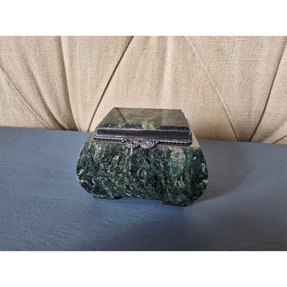 Other - Vintage Green Serpentine Stone Jewelry Box – Marble Trinket Casket w/ Metal Lid